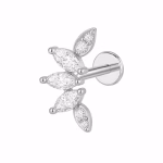 Piercing din Titan ASTM F136 cu Design Frunze si Zirconii, Argintiu– 1, 2 x 8 mm