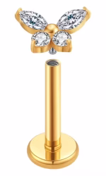 Piercing din Titan ASTM F136 cu Design Fluture si Zirconii, Auriu– 1, 2 x 8 mm - imagine 2