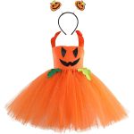 Costum Halloween Fete Dovleac Fermecat – Rochie Portocalie cu Tulle si Bentita - imagine 5