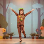 Costum Copac pentru Copii, Salopeta Maro cu Frunze si Coronita Verde, Serbare si Carnaval - imagine 2
