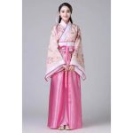 Costum Traditional Chinezesc Hanfu pentru Femei – Bluza Kimono cu Flori si Fusta Lunga Roz, marime universala
