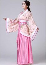 Costum Traditional Chinezesc Hanfu pentru Femei – Bluza Kimono cu Flori si Fusta Lunga Roz, marime universala - imagine 3