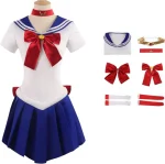 Costum Sailor Moon – Uniforma Anime Alb-Albastru cu Funde Rosii, Tiara si Manusi - imagine 10