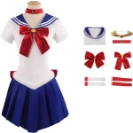 Costum Sailor Moon – Uniforma Anime Alb-Albastru cu Funde Rosii, Tiara si Manusi - imagine 10