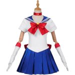 Costum Sailor Moon – Uniforma Anime Alb-Albastru cu Funde Rosii, Tiara si Manusi - imagine 9