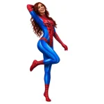 Costum Femei Supereroina Spider, Rosu-Albastru – Salopeta Mulata cu Imprimeu Panza de Paianjen