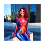 Costum Femei Supereroina Spider, Rosu-Albastru – Salopeta Mulata cu Imprimeu Panza de Paianjen - imagine 3