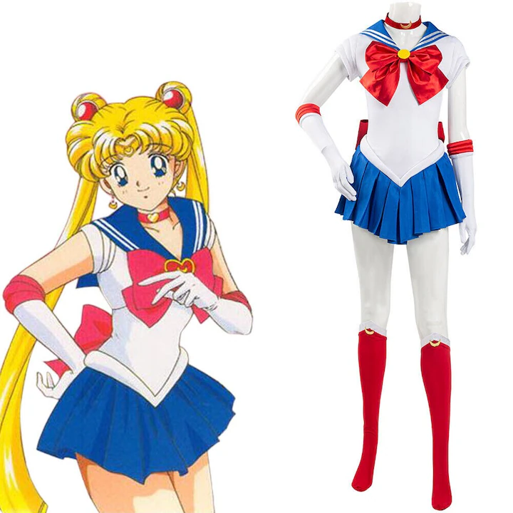 res_e3deb0e5e8b4ed62a7fc9ea9960672b0 (1) Costum Sailor Moon – Uniforma Anime Alb-Albastru cu Funde Rosii, Tiara si Manusi - imagine 1