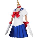Costum Sailor Moon – Uniforma Anime Alb-Albastru cu Funde Rosii, Tiara si Manusi - imagine 4