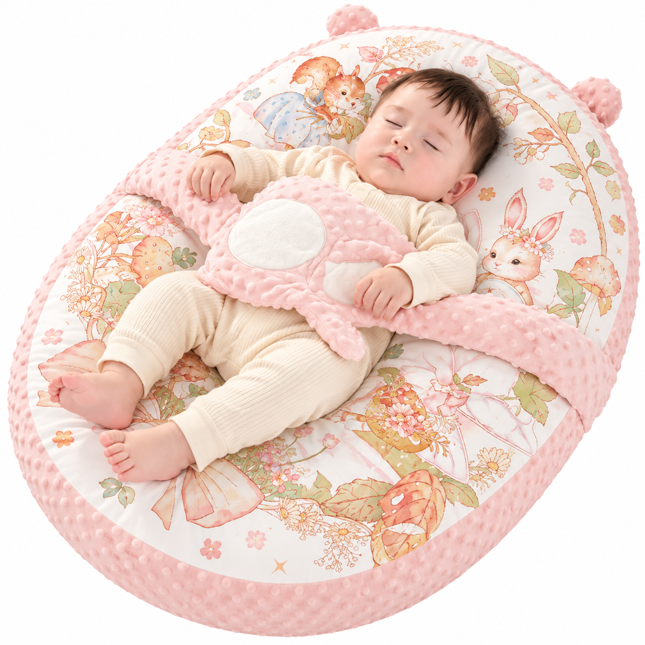 ChatGPT Image 30 sept. 2026, 20_51_05 Cosulet Baby Nest antiregurgitare pentru bebelusi, inclinat, cuib de dormit cu brate din plus pentru linistire, Roz, 0-12 Luni - imagine 1